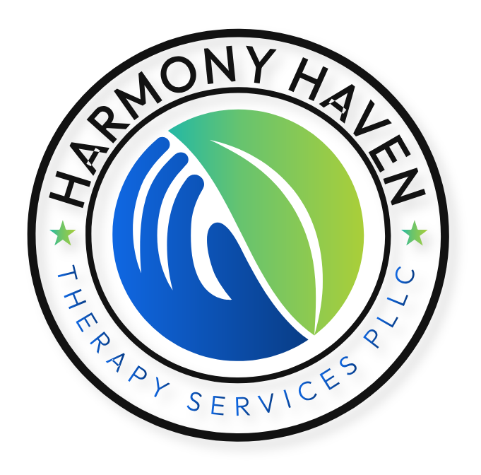 A green and blue logo for harmony haven.